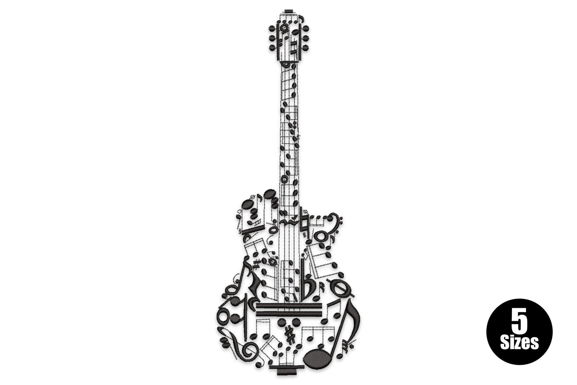 Electric guitar embroidery design with the entire guitar silhouette filled with musical notation symbols including treble clefs, notes and bar lines.