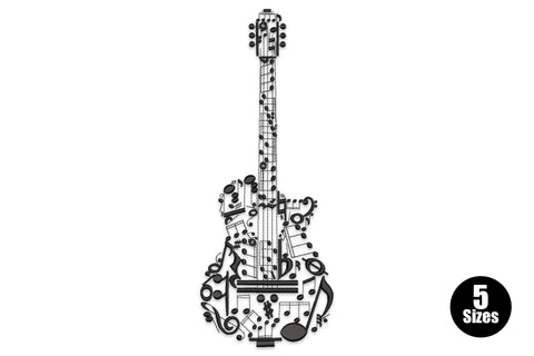 Electric guitar embroidery design with the entire guitar silhouette filled with musical notation symbols including treble clefs, notes and bar lines.