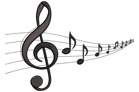 Music notes embroidery, bold treble clef with trailing eighth notes on a three-line staff, black thread on white.