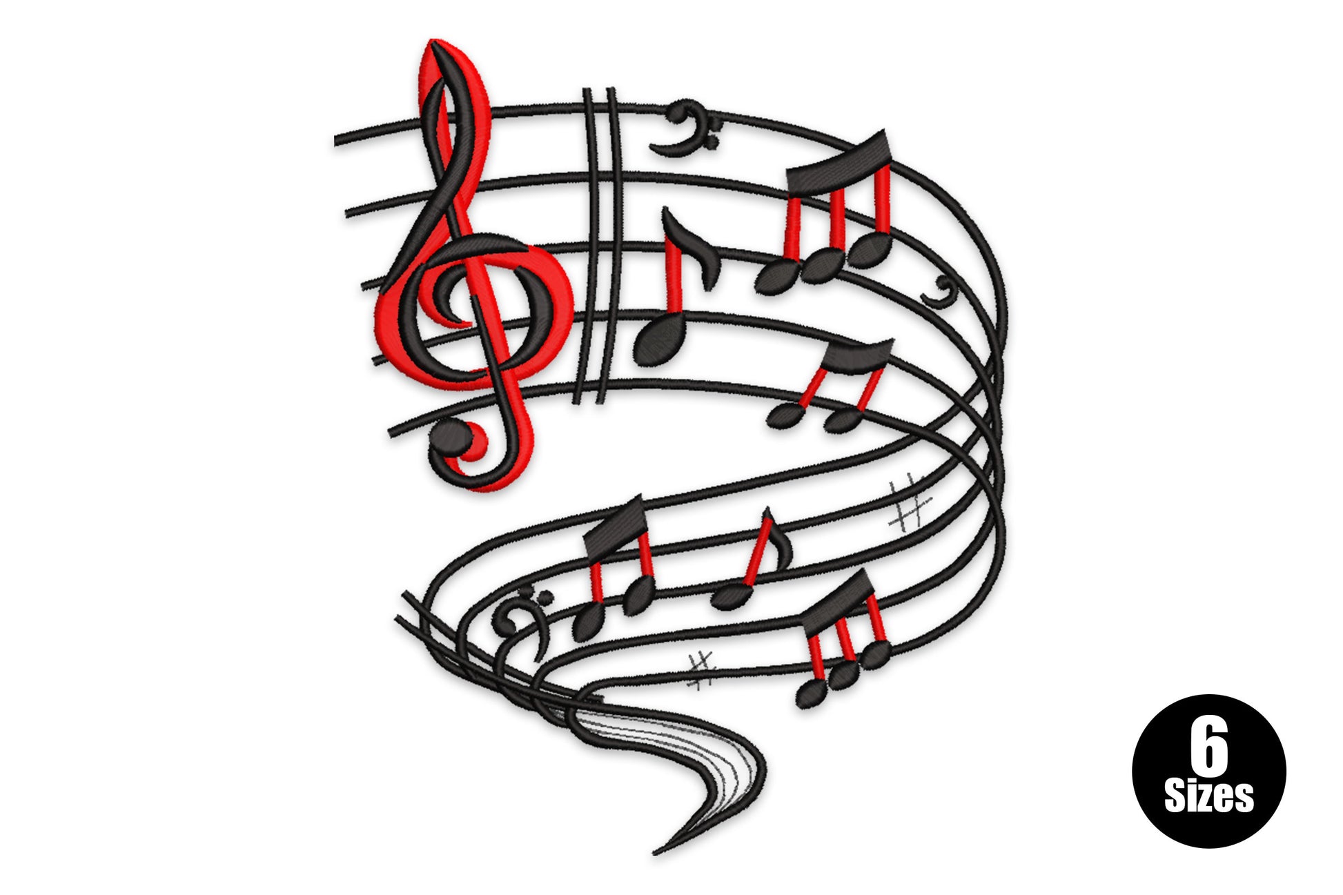 Music notes swirl embroidery design with a red treble clef and black notes on five staff lines curling into a spiral scroll shape.