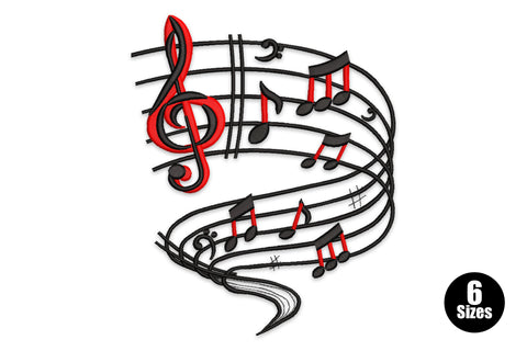 Music notes swirl embroidery design with a red treble clef and black notes on five staff lines curling into a spiral scroll shape.