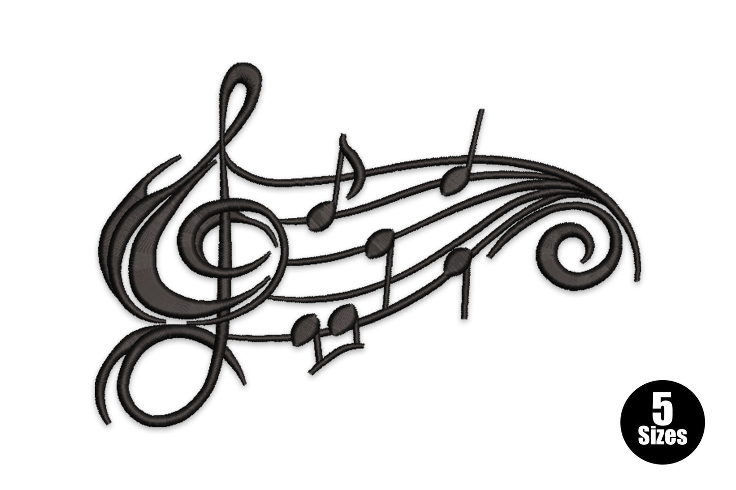 Music notes swirl embroidery design, notes in a flowing vertical cluster, single colour, 5 sizes from 2 to 5 inches wide.