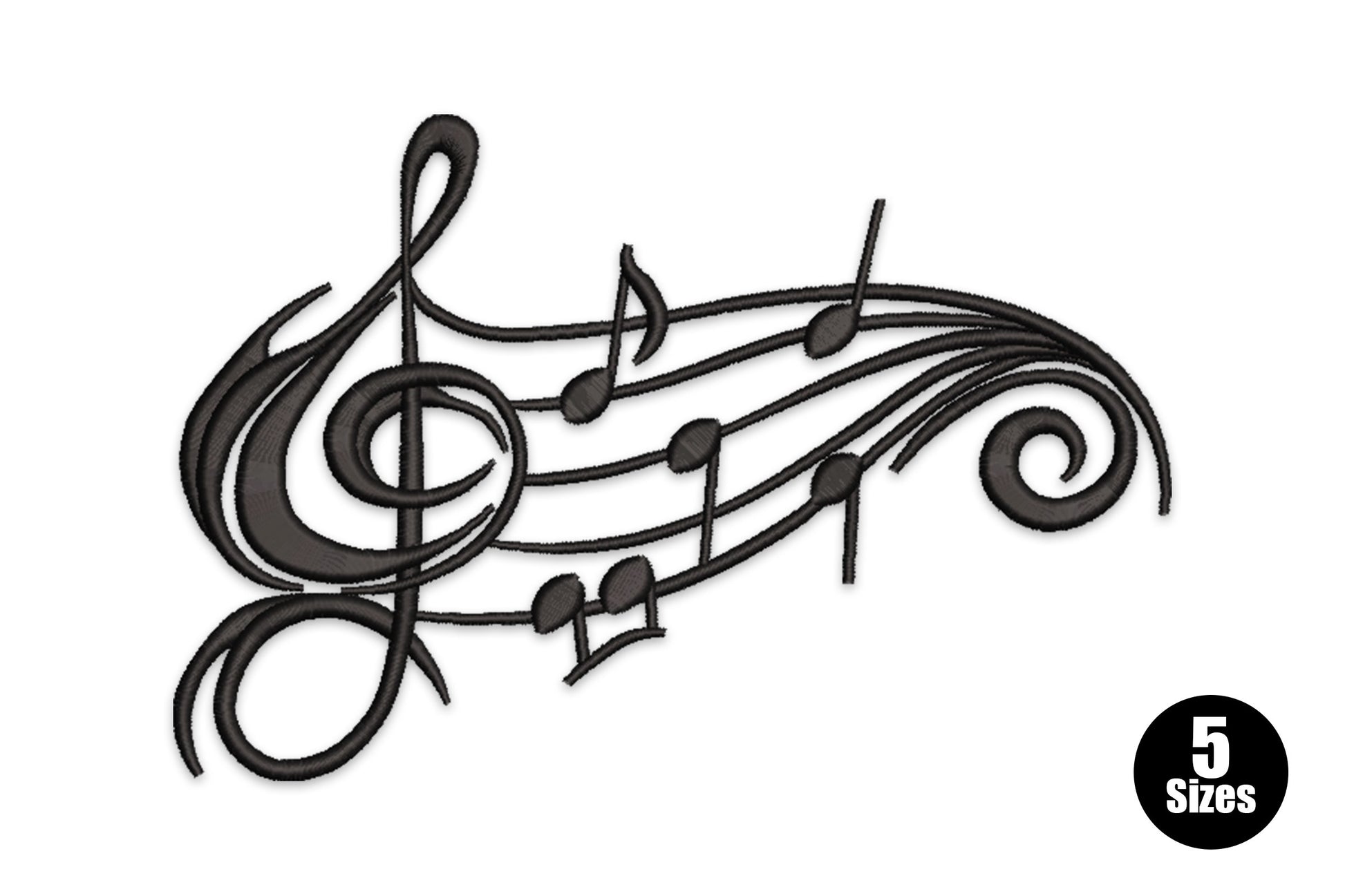 Music notes swirl embroidery design, notes in a flowing vertical cluster, single colour, 5 sizes from 2 to 5 inches wide.