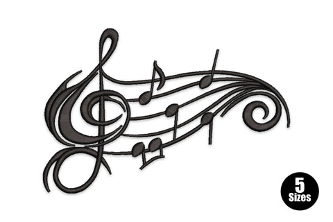 Music notes swirl embroidery design, notes in a flowing vertical cluster, single colour, 5 sizes from 2 to 5 inches wide.