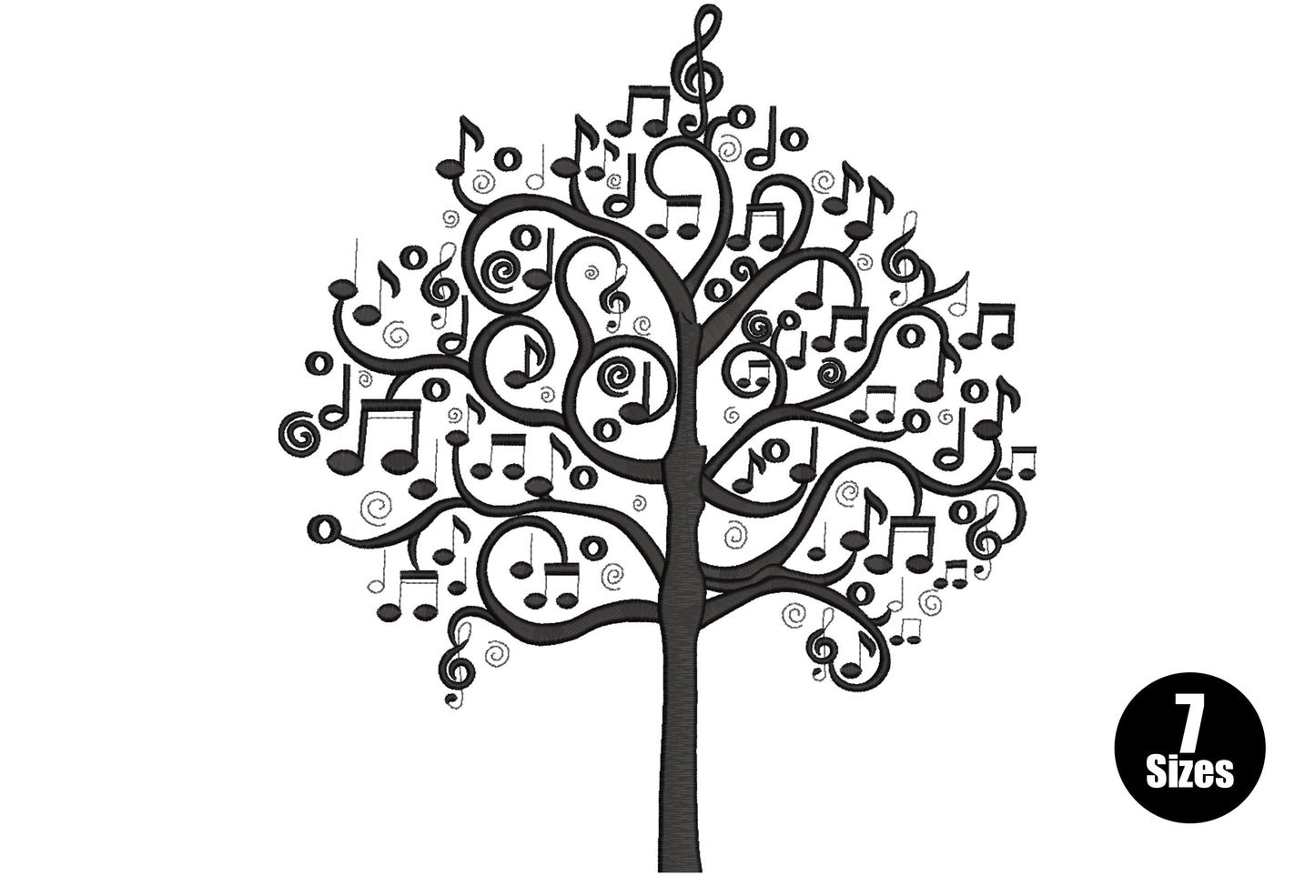 Music notes tree embroidery, black linework canopy filled with treble clefs, quavers and swirling spirals on a straight trunk.