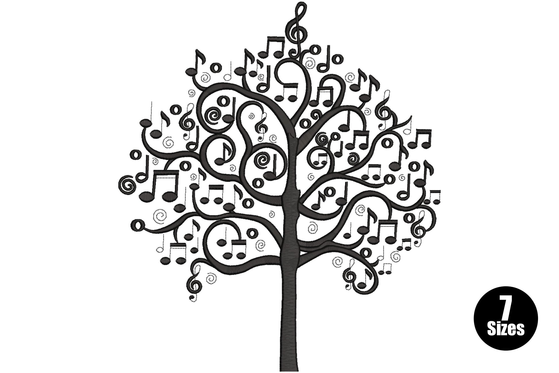 Music notes tree embroidery, black linework canopy filled with treble clefs, quavers and swirling spirals on a straight trunk.