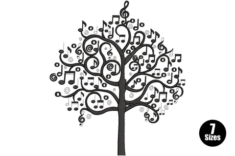 Music notes tree embroidery, black linework canopy filled with treble clefs, quavers and swirling spirals on a straight trunk.