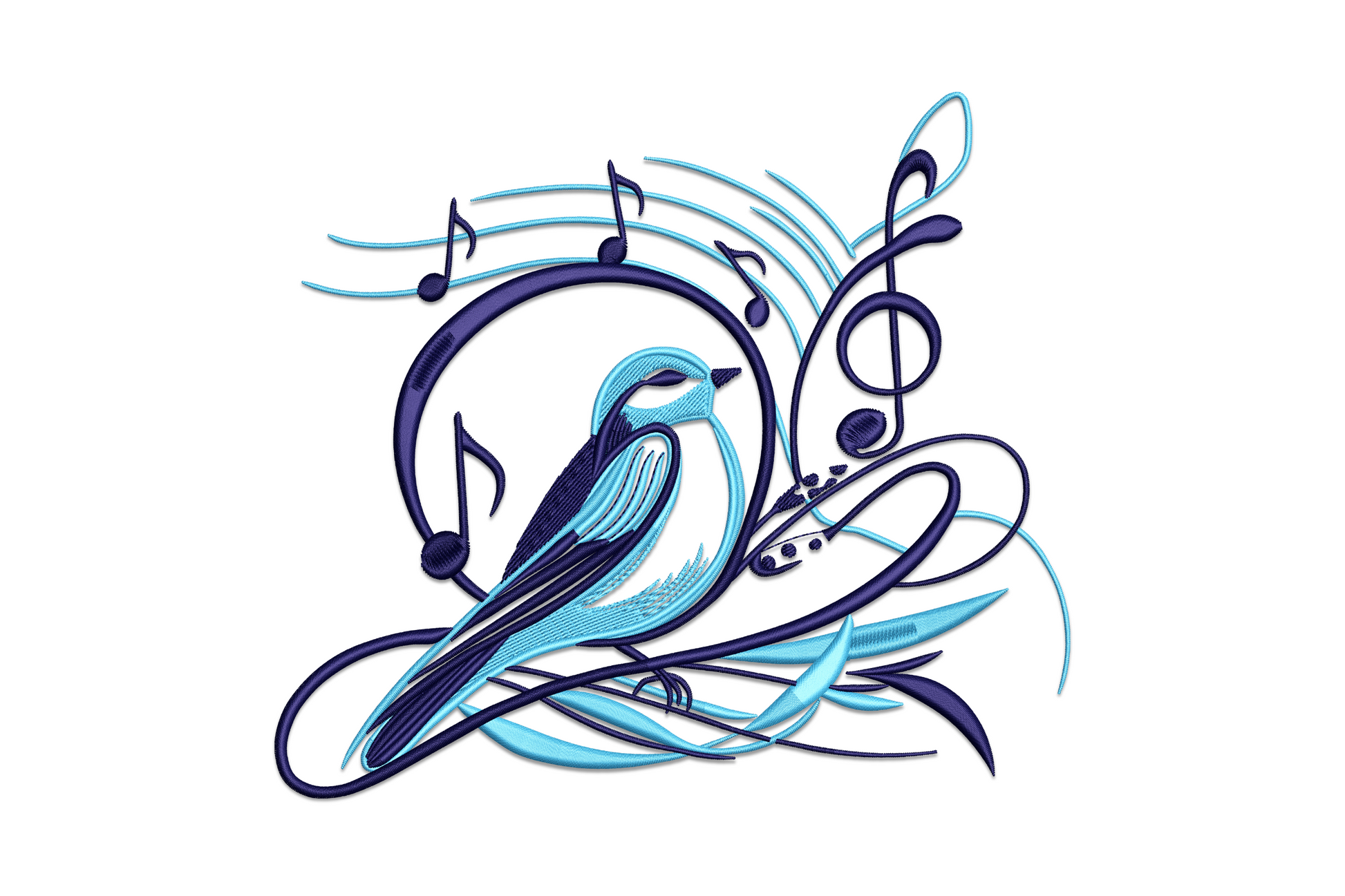 Musical bird embroidery design with perched bird singing and music notes rising, two colour charcoal and cream machine embroidery pattern