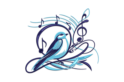 Musical bird embroidery design with perched bird singing and music notes rising, two colour charcoal and cream machine embroidery pattern