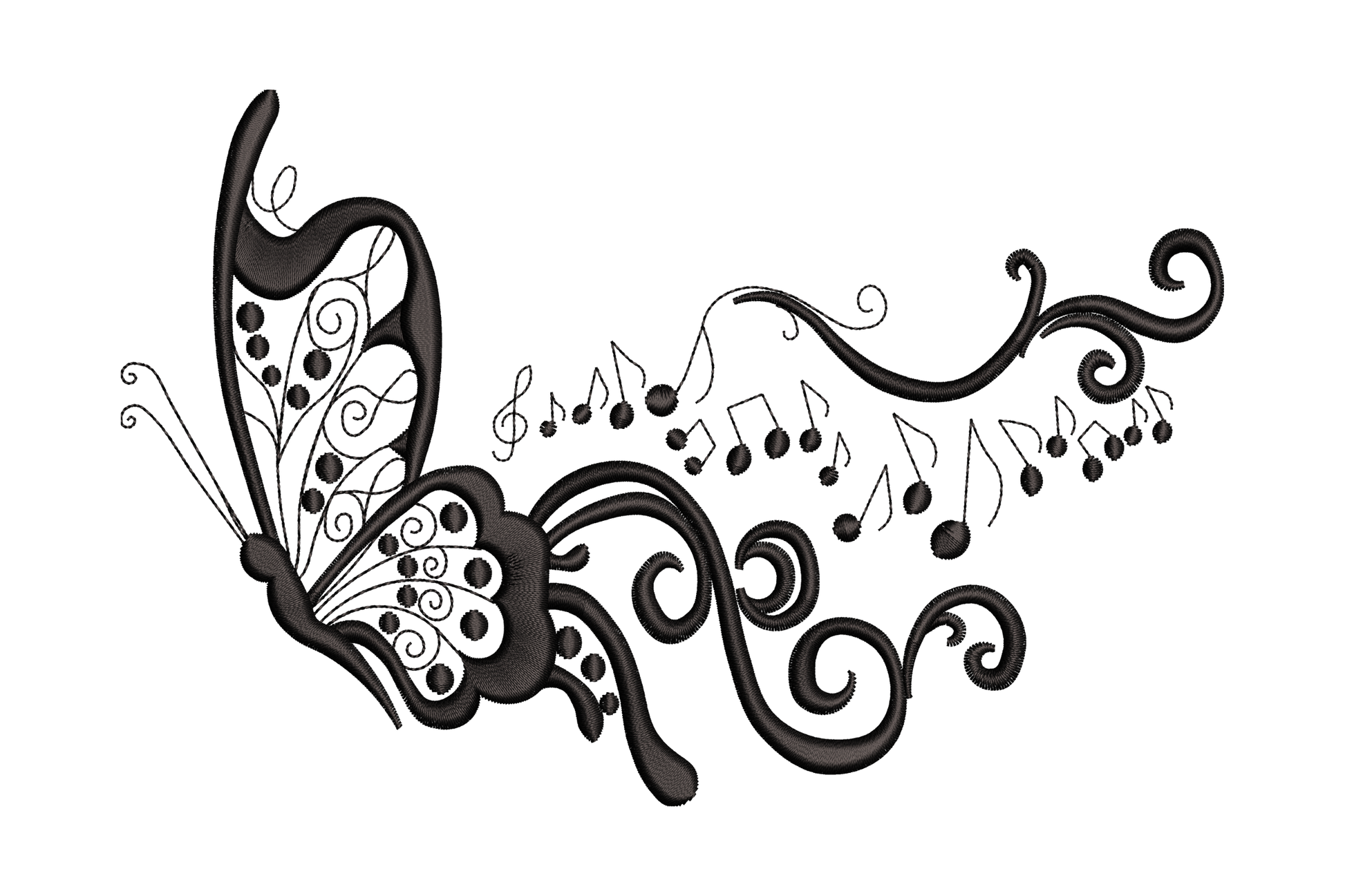 Filigree butterfly with scroll wings and musical notes staff embroidery, horizontal layout, single black thread.