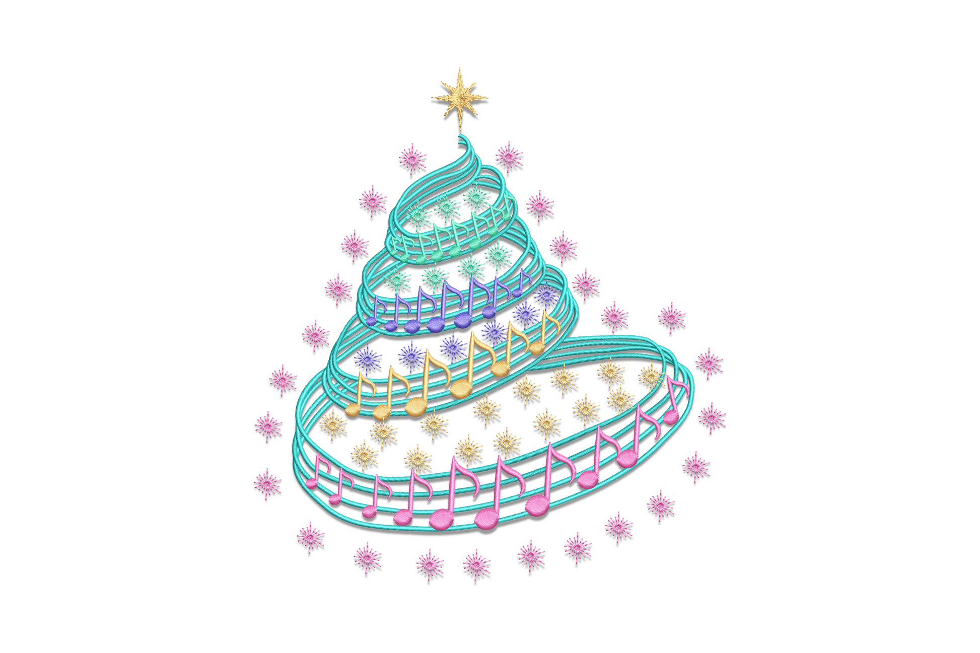 Musical Christmas tree embroidery design, tiered aqua swirl tree with eighth music notes on each band and a gold star on top.