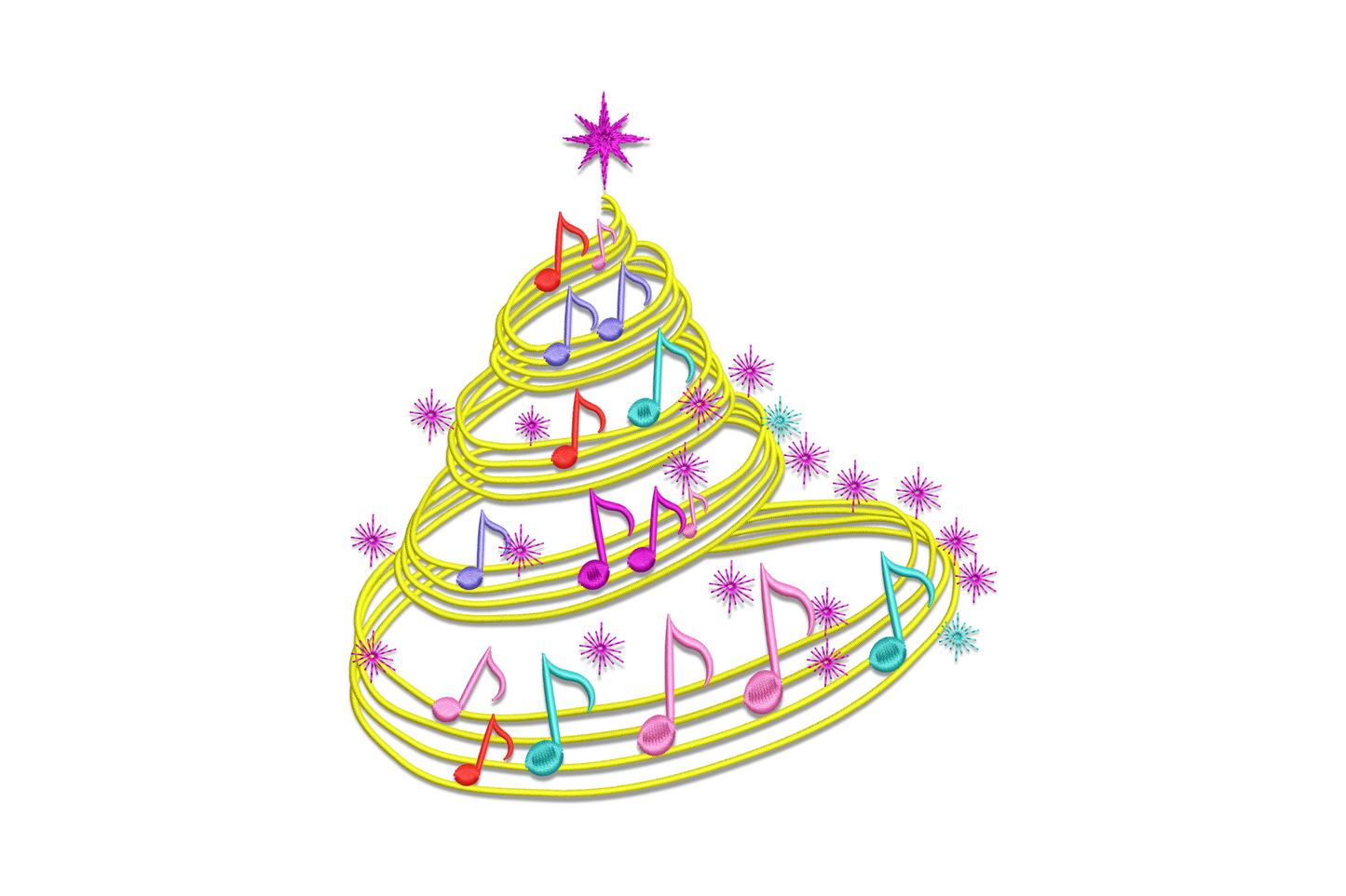 Musical christmas tree embroidery, yellow music staff spiral tree with multicolour floating notes and magenta star topper.