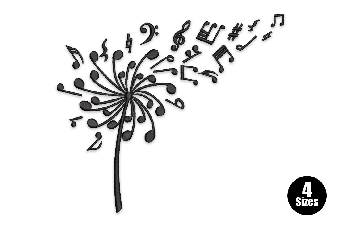 Musical dandelion embroidery design with fine black line stems ending in scattered music notes, treble clef and bass clef symbols floating upward.