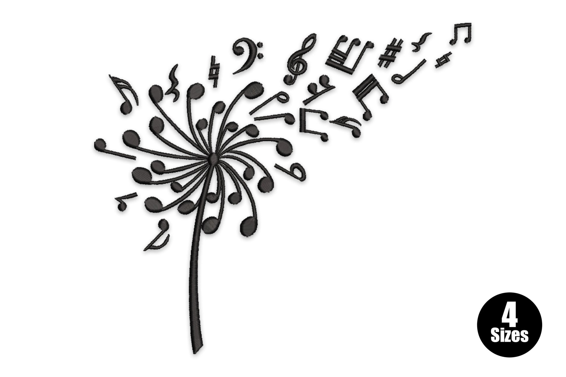 Musical dandelion embroidery design with fine black line stems ending in scattered music notes, treble clef and bass clef symbols floating upward.