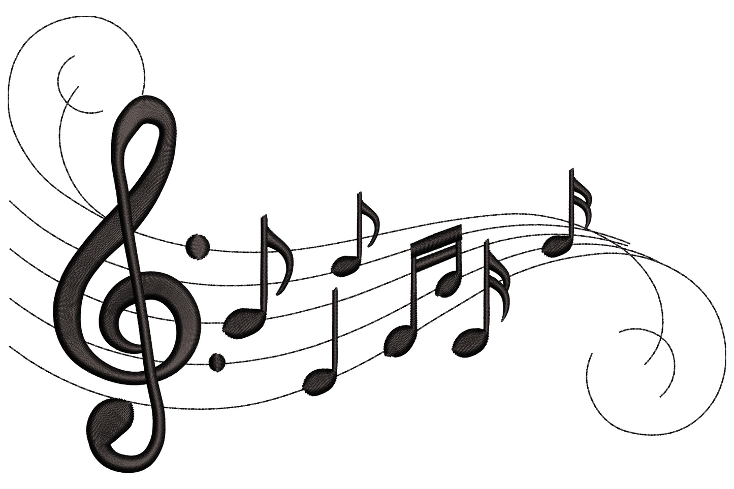Musical notes flow embroidery, treble clef and cascading notes in single colour satin line, 9 sizes 2-4 inches