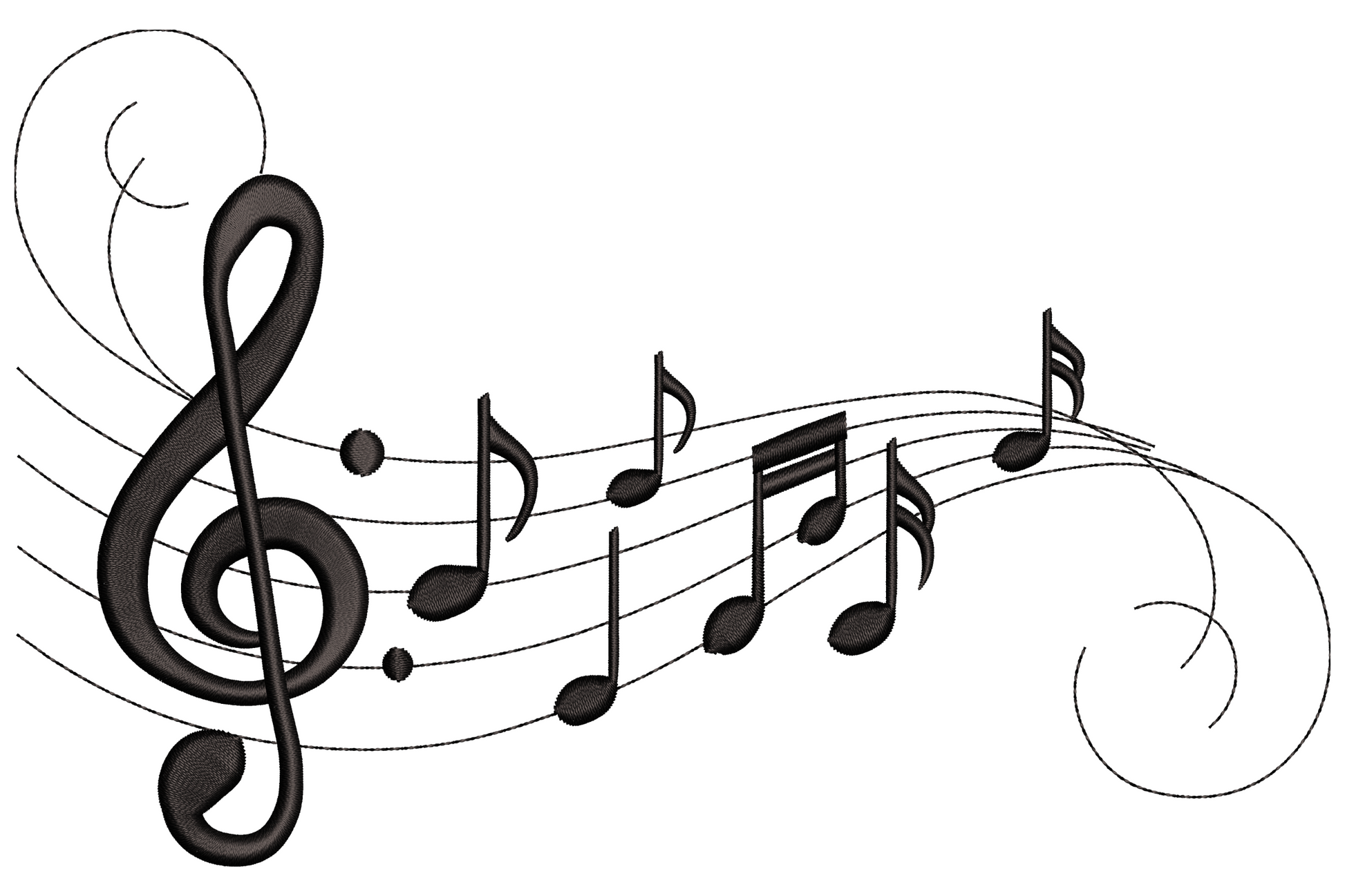 Musical notes flow embroidery, treble clef and cascading notes in single colour satin line, 9 sizes 2-4 inches