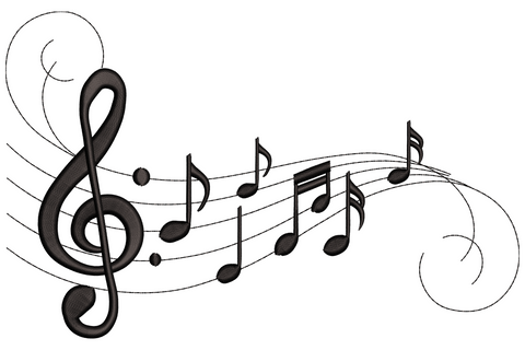 Musical notes flow embroidery, treble clef and cascading notes in single colour satin line, 9 sizes 2-4 inches