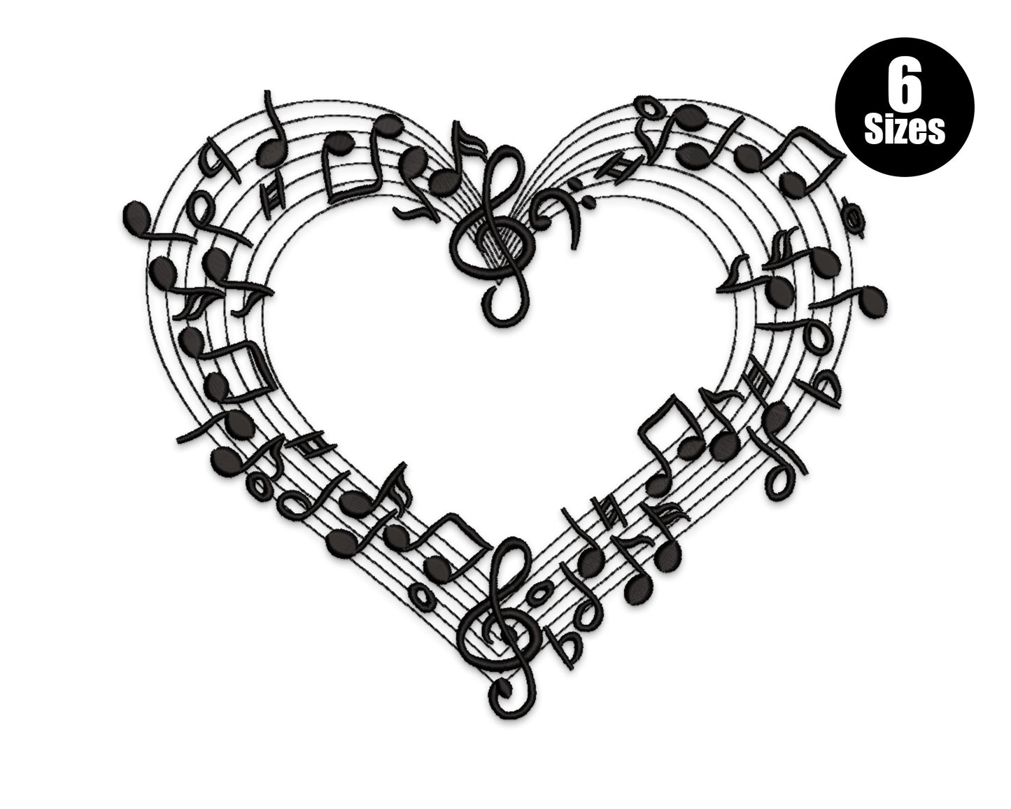 Musical notes heart embroidery design with a five-line staff curved into a heart shape, treble clefs and notes in black line art.