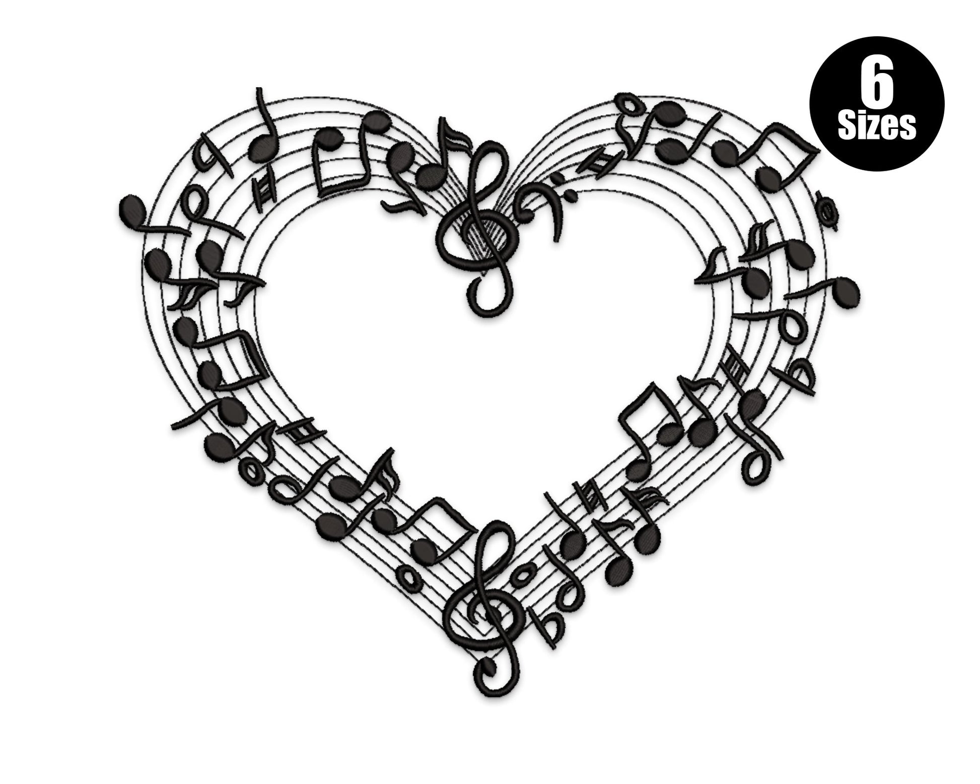 Musical notes heart embroidery design with a five-line staff curved into a heart shape, treble clefs and notes in black line art.