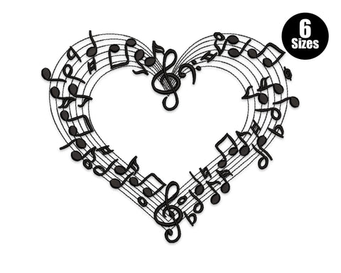 Musical notes heart embroidery design with a five-line staff curved into a heart shape, treble clefs and notes in black line art.