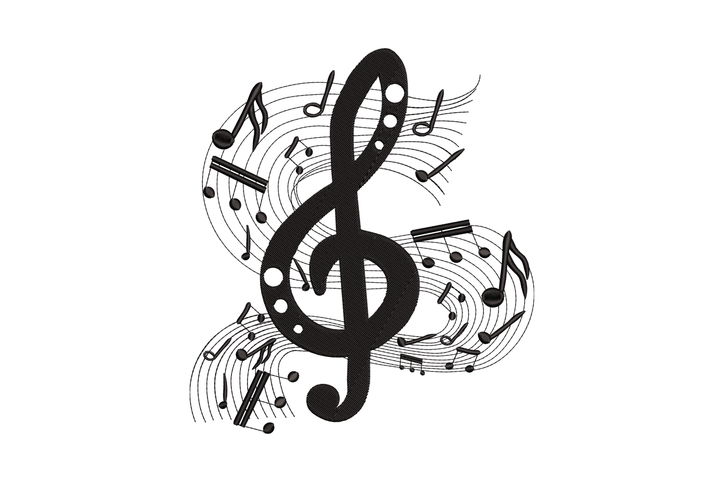 Musical notes treble clef embroidery design with swirling eighth and quarter notes, single black thread, 5 sizes 4-8 inches, digitised in Wilcom EmbroideryStudio.