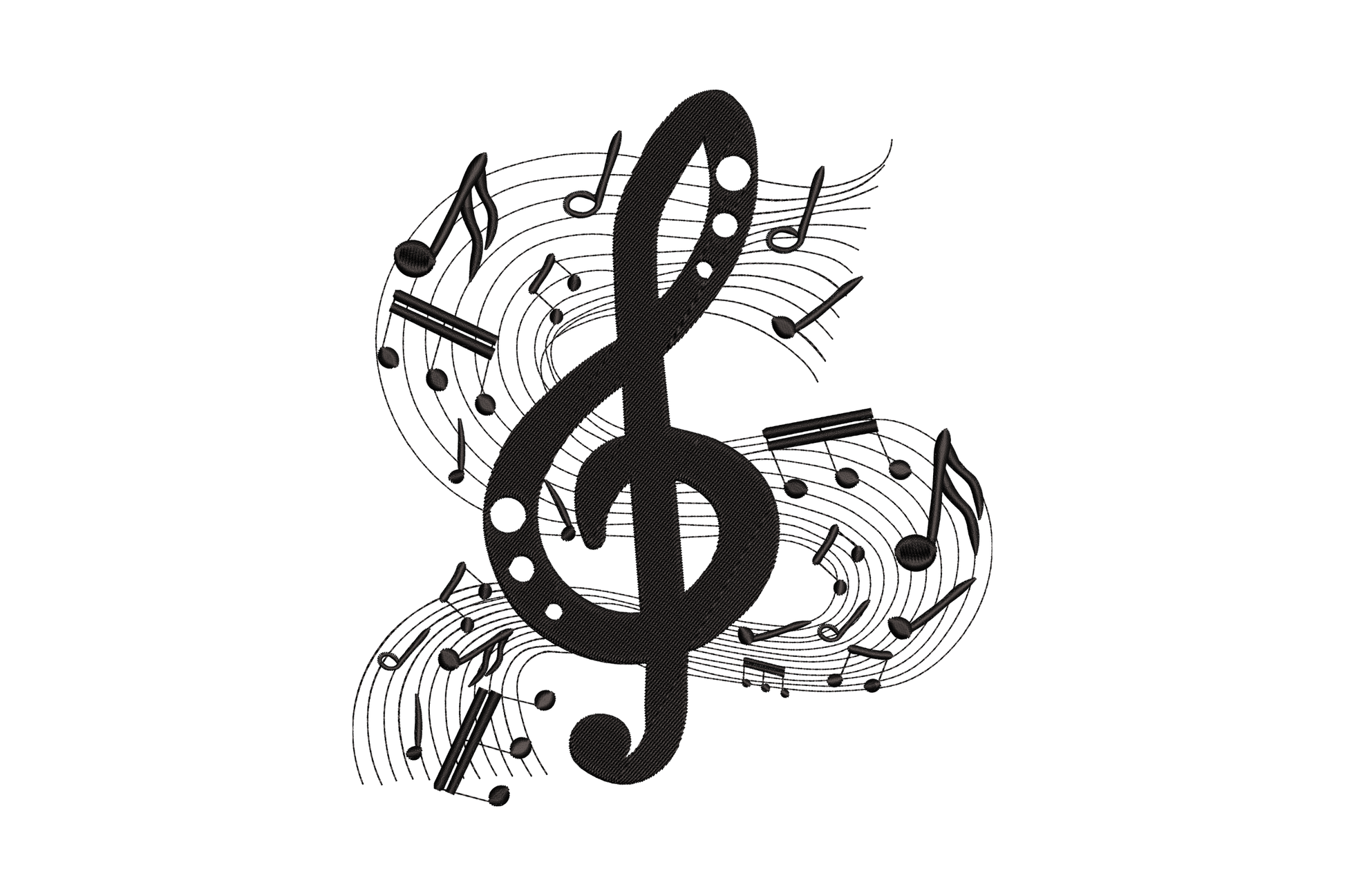 Musical notes treble clef embroidery design with swirling eighth and quarter notes, single black thread, 5 sizes 4-8 inches, digitised in Wilcom EmbroideryStudio.