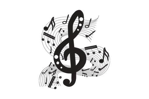 Musical notes treble clef embroidery design with swirling eighth and quarter notes, single black thread, 5 sizes 4-8 inches, digitised in Wilcom EmbroideryStudio.