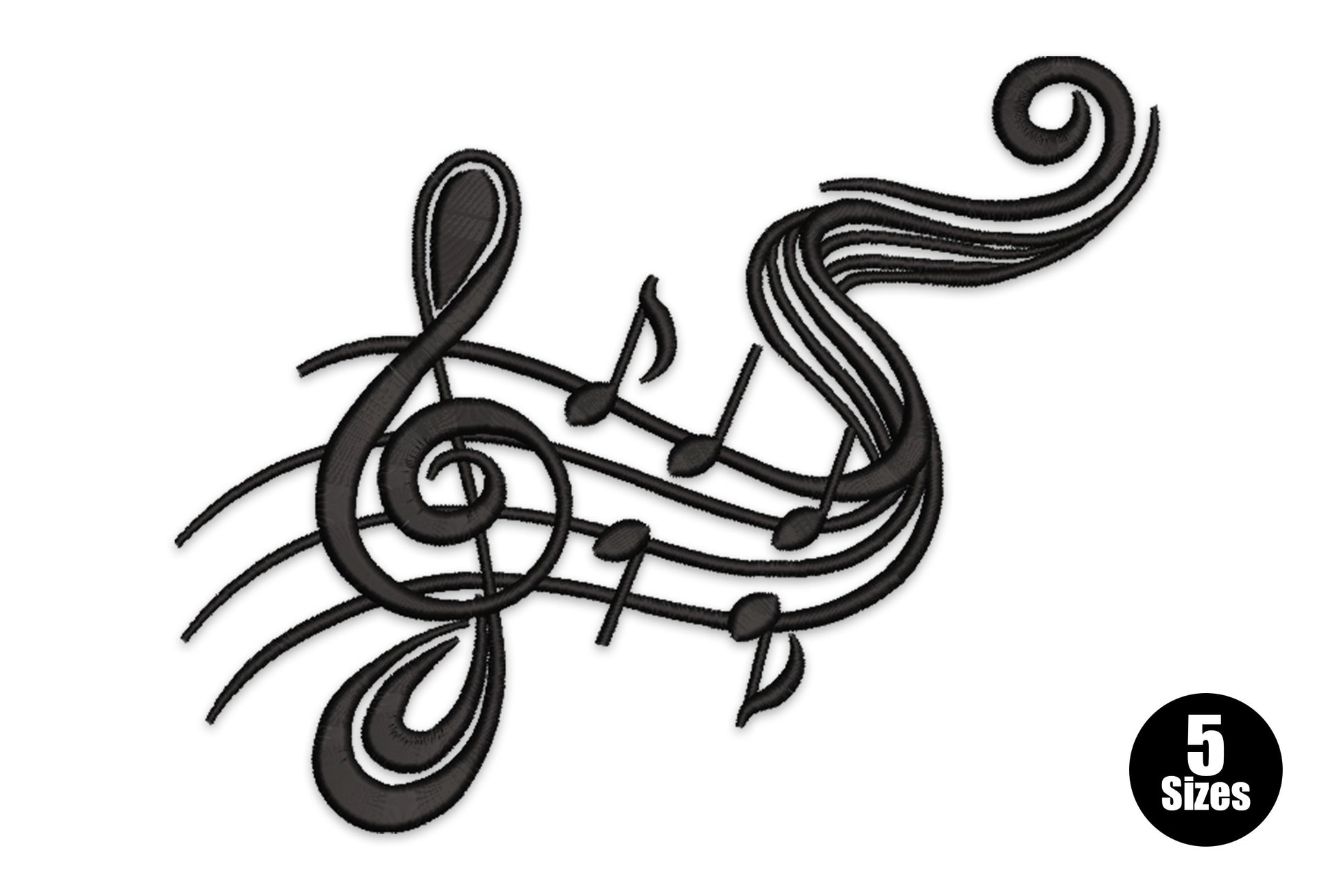 Musical notes treble clef embroidery design, large clef symbol with scattered notes in a vertical layout, single colour, 5 sizes.