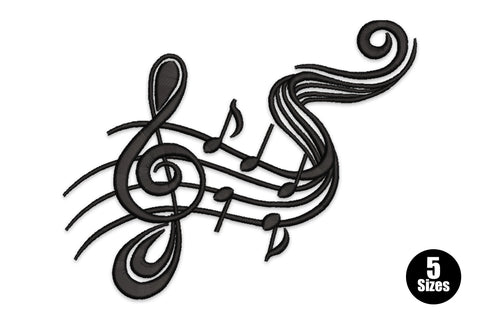 Musical notes treble clef embroidery design, large clef symbol with scattered notes in a vertical layout, single colour, 5 sizes.