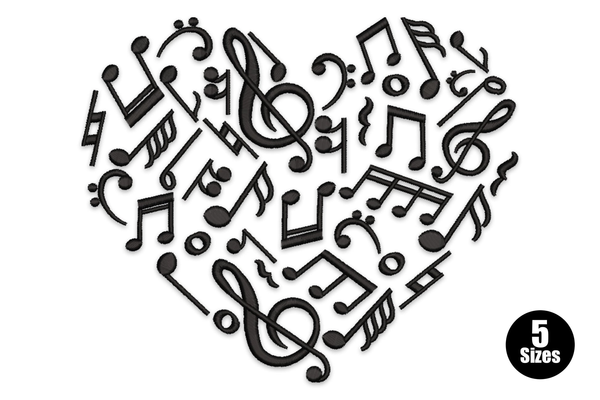 Heart-shaped embroidery design filled with musical notation symbols including treble clefs, eighth notes, quarter notes and bar lines in black line art.