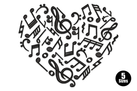 Heart-shaped embroidery design filled with musical notation symbols including treble clefs, eighth notes, quarter notes and bar lines in black line art.