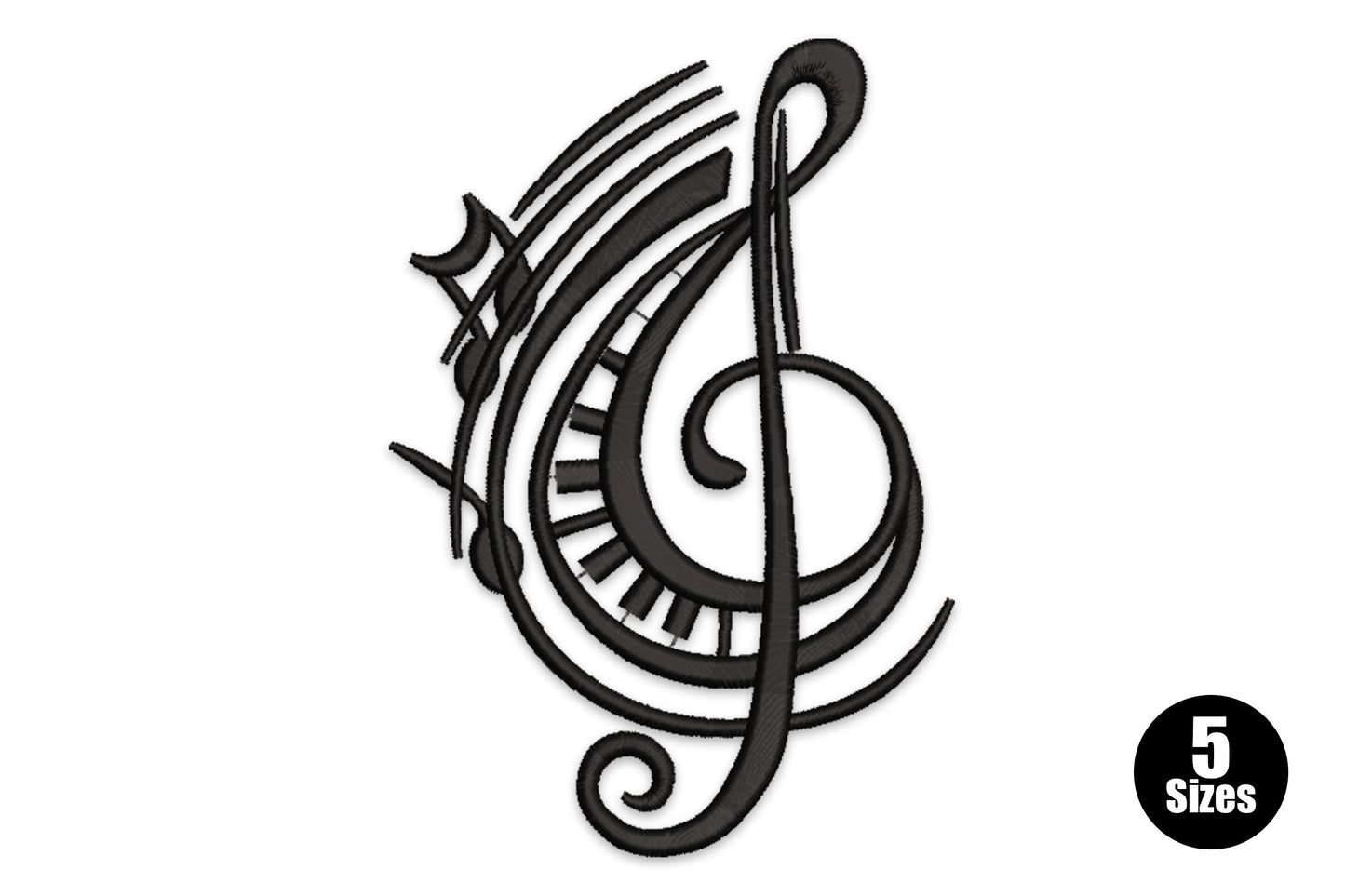 Musical treble clef embroidery design with piano keyboard keys wrapping the lower body and music notes at the top, in black thread.