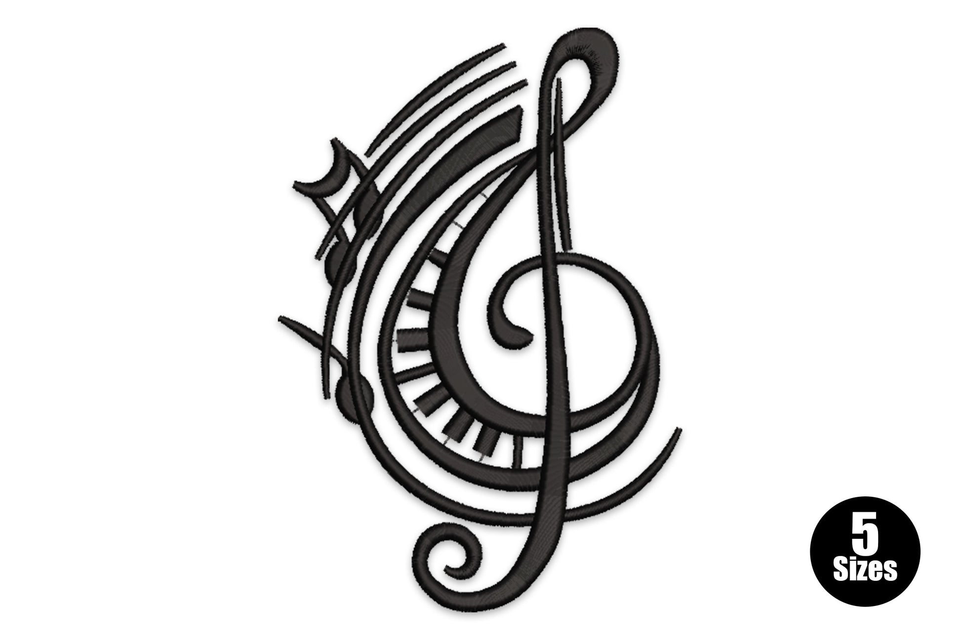 Musical treble clef embroidery design with piano keyboard keys wrapping the lower body and music notes at the top, in black thread.
