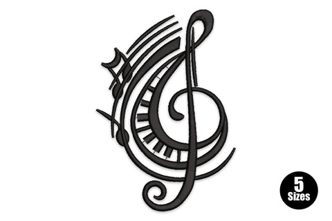 Musical treble clef embroidery design with piano keyboard keys wrapping the lower body and music notes at the top, in black thread.