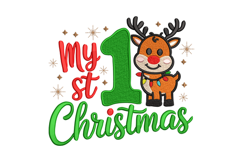 My 1st Christmas reindeer embroidery, baby reindeer sitting pose with red nose and small antler buds, text lettering below, 10 colours, 5 sizes
