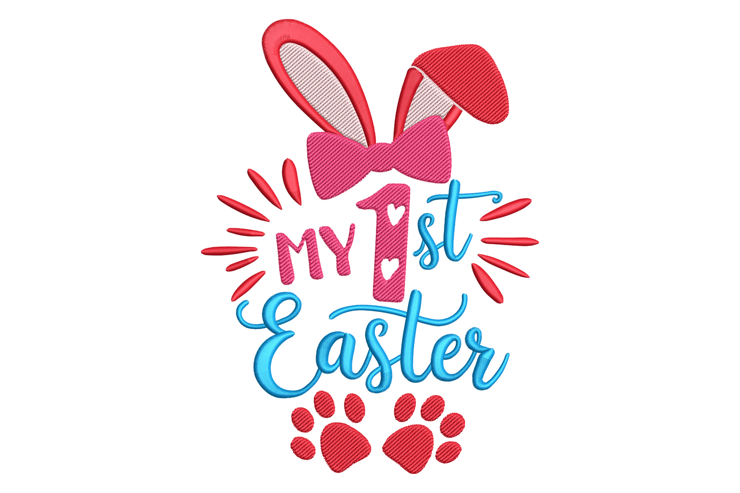 My 1st Easter bunny embroidery design on white onesie, Easter egg shape with bunny ears, curly script and pastel thread colours.