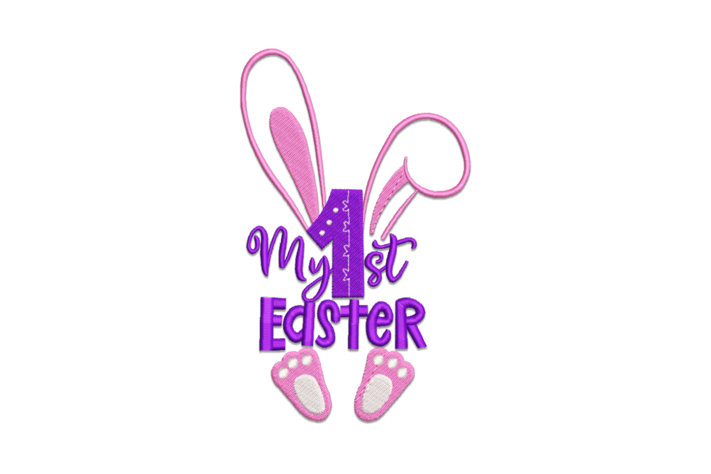My 1st Easter embroidery design with soft pastel lettering and spring accents in lavender, mint and yellow on white background.