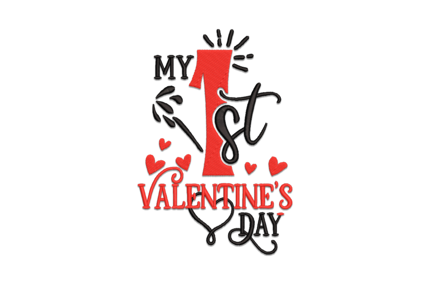 My 1st valentines day embroidery design in hot pink and cream, mixed print and script lettering with a small heart accent.
