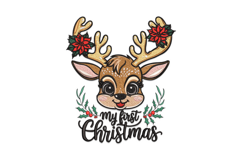 My first Christmas reindeer embroidery: baby deer face, golden antlers with red poinsettia blooms and hand-lettered script.