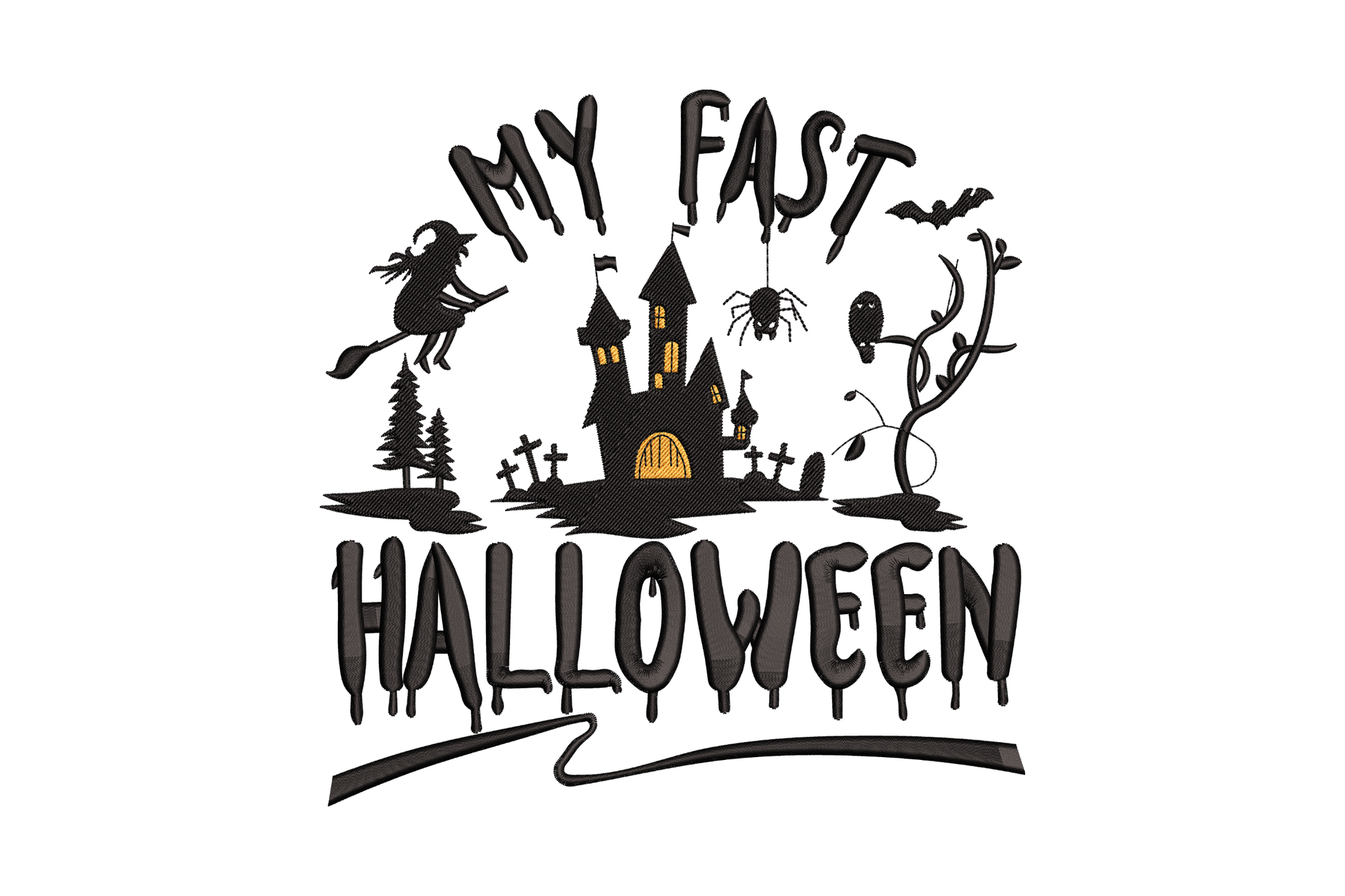 My first halloween machine embroidery design with rounded playful script and pumpkin accent, baby halloween theme, 2 colours, 5 sizes from 3.51 to 7.51 inches wide