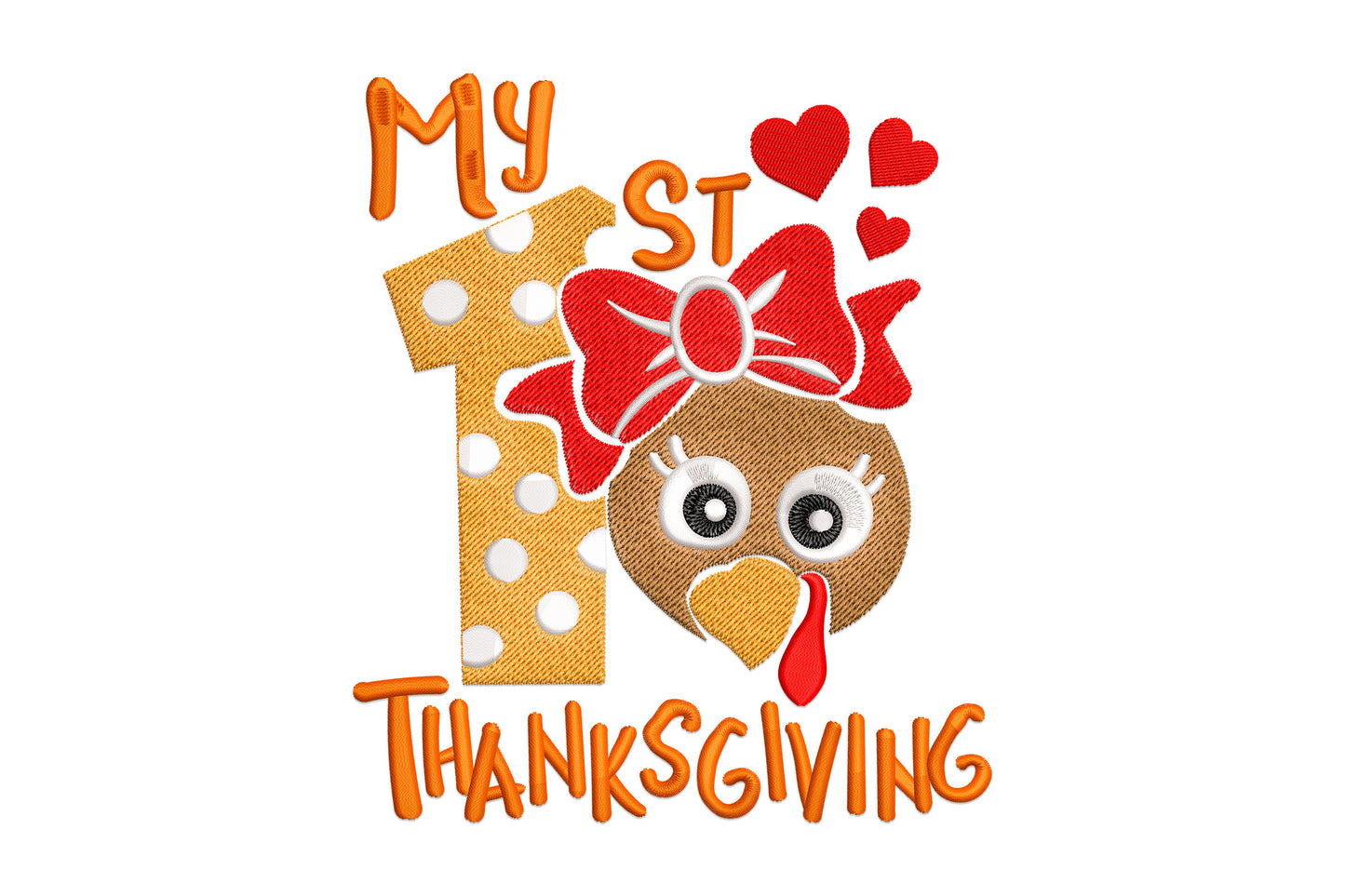 My first Thanksgiving embroidery design with kawaii turkey girl, red bow, polka-dot number 1 and heart balloons in burnt orange and brown.