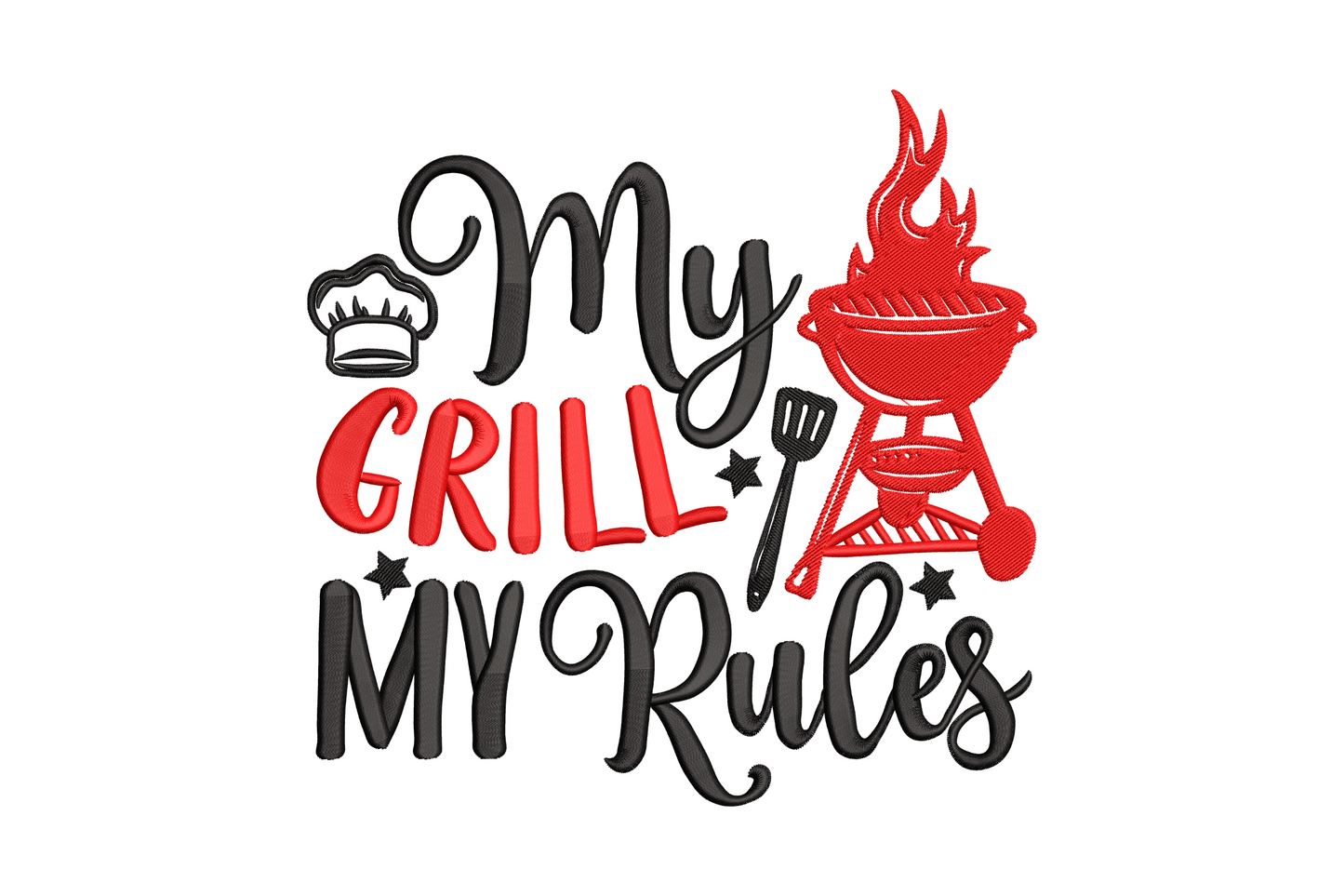 My Grill My Rules embroidery with bold script lettering, red kettle grill and flames, chef hat, 2 colour design