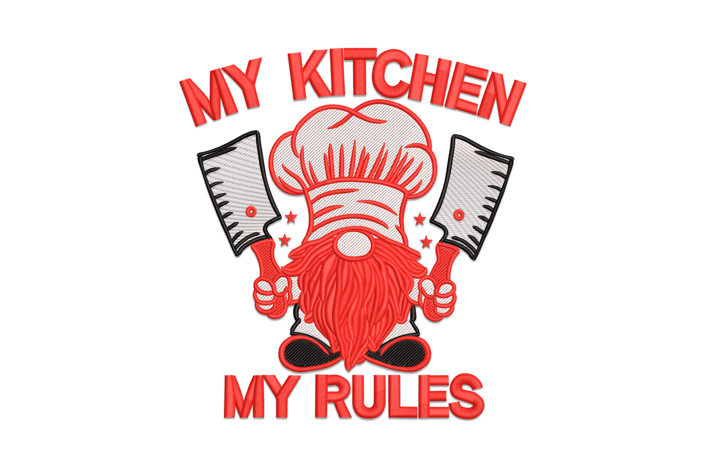 Chunky farmhouse gnome with tall red hat and cream beard holding wooden spoon and whisk under My Kitchen My Rules hand-lettered banner, folk craft style.