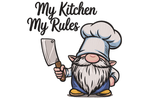 My Kitchen My Rules chef gnome embroidery design, cleaver and cursive text, 13 colors, 3.5 to 7.5 inch sizes