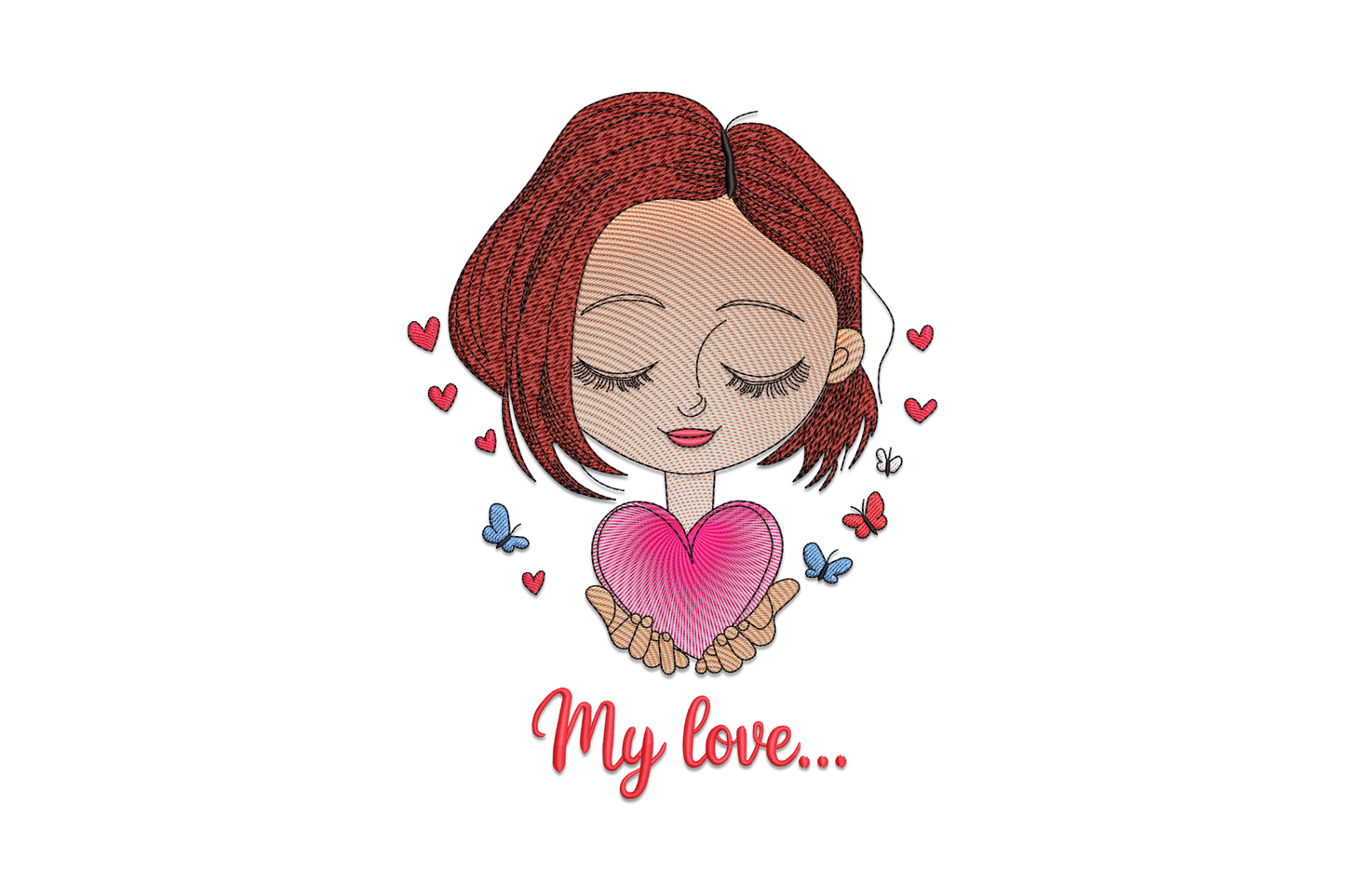Embroidery design of a romantic girl figure with flowing hair and a large heart, 11 colour fill design in soft and bold tones