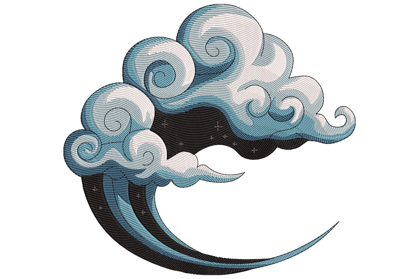 Mystic cloud crescent moon embroidery with swirling navy clouds, a long curved crescent moon arc and tiny white stars.