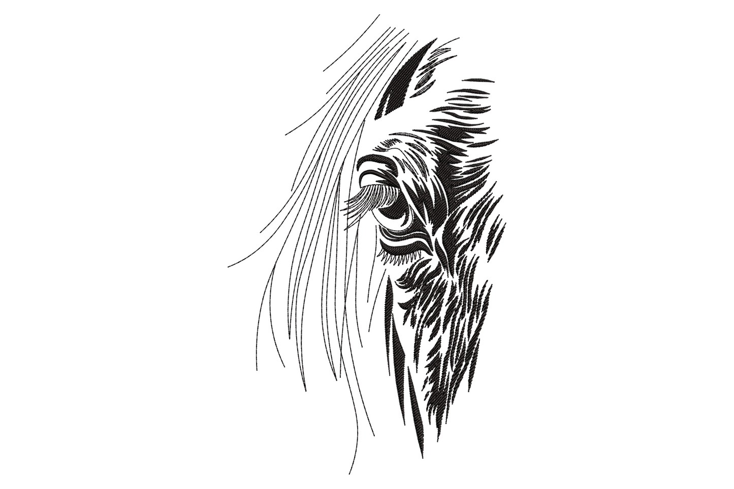 Mystic horse eye embroidery in black scratch-art style, close-up horse eye with radiating mane lines, single thread, instant download