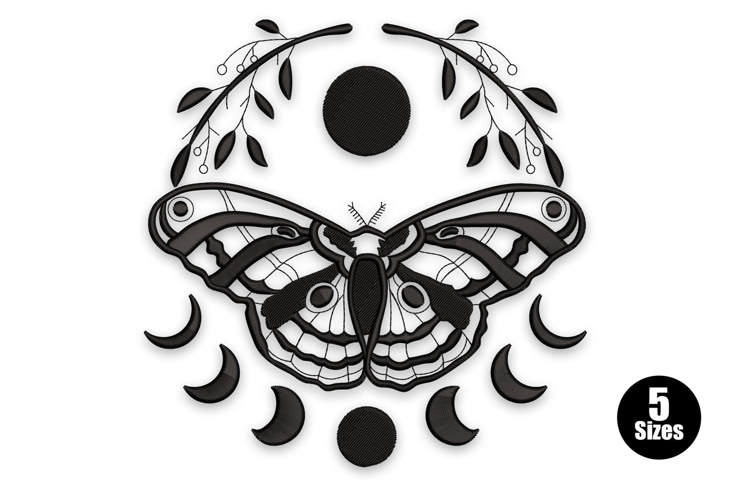 Mystic moth moon phase embroidery, luna moth with eyespots, 7 moon phase row below, botanical branch above, black, 5 sizes 3 to 7 inches