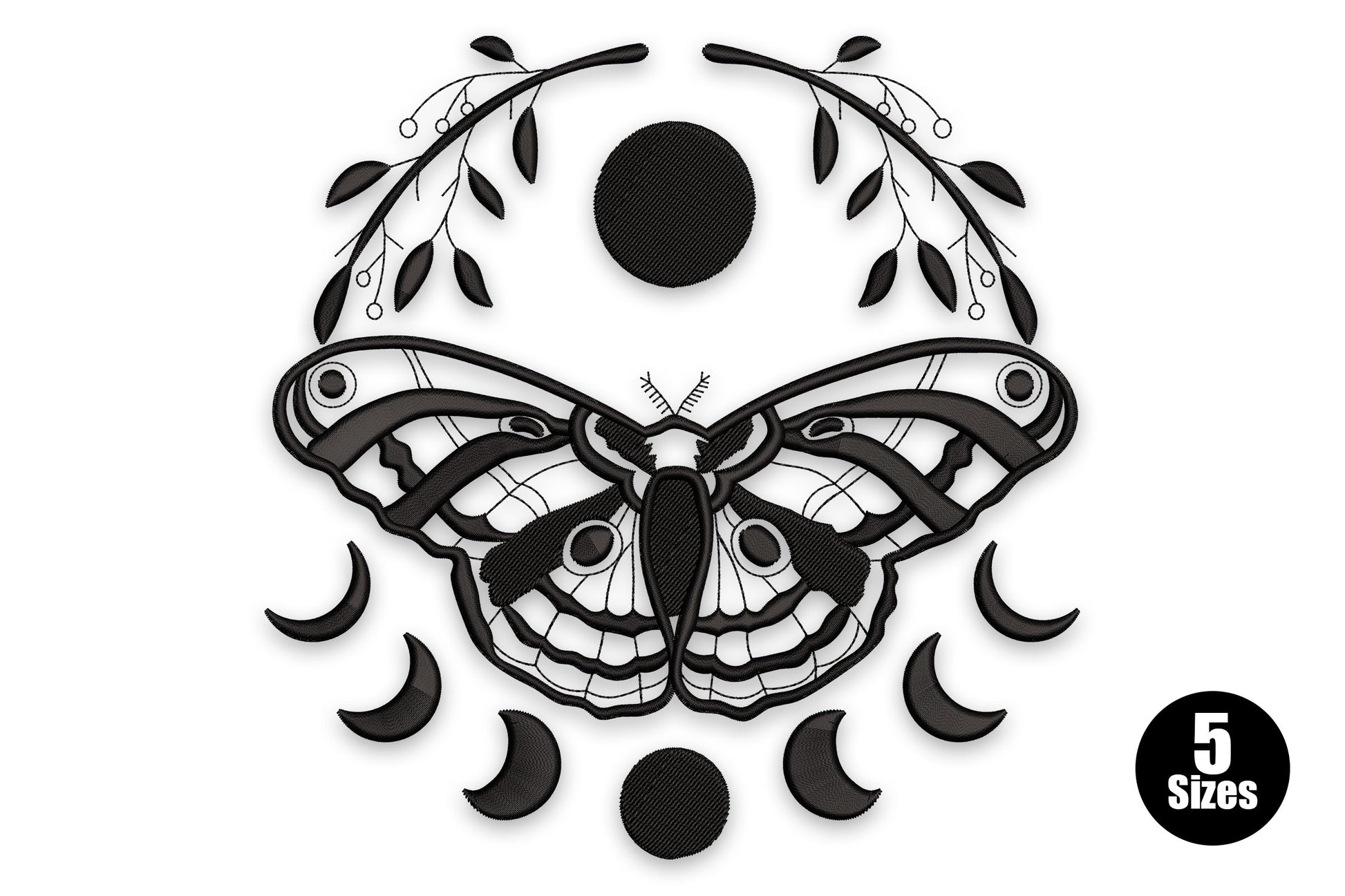 Mystic moth moon phase embroidery, luna moth with eyespots, 7 moon phase row below, botanical branch above, black, 5 sizes 3 to 7 inches