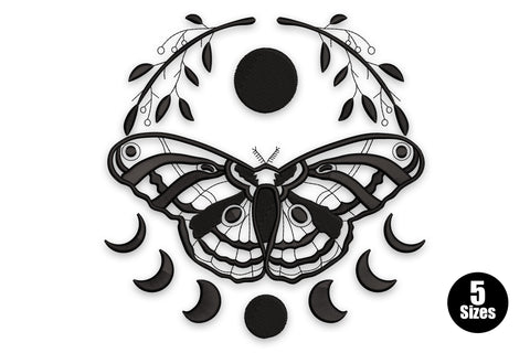 Mystic moth moon phase embroidery, luna moth with eyespots, 7 moon phase row below, botanical branch above, black, 5 sizes 3 to 7 inches